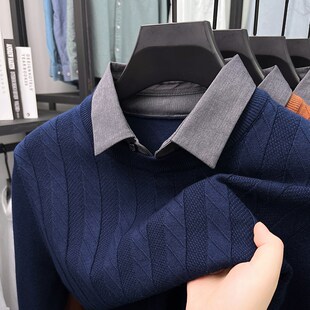 翻领假两件保暖毛衣男秋冬新款2024轻商务内搭衬衫领针织打底衫潮