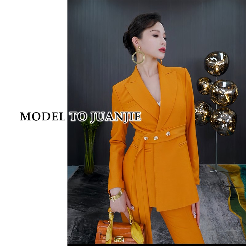 秋季新品高定气质手工轻奢时尚职业女神范显瘦西装微喇裤套装886