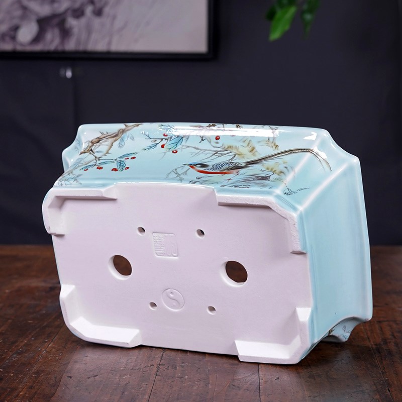 精品紫砂花盆青瓷釉长方四方形盆景盆彩绘贴画中国风绿植盆栽新款