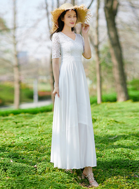 v领2021新款时尚气质白色蕾丝长裙长款大摆雪纺连衣裙法式