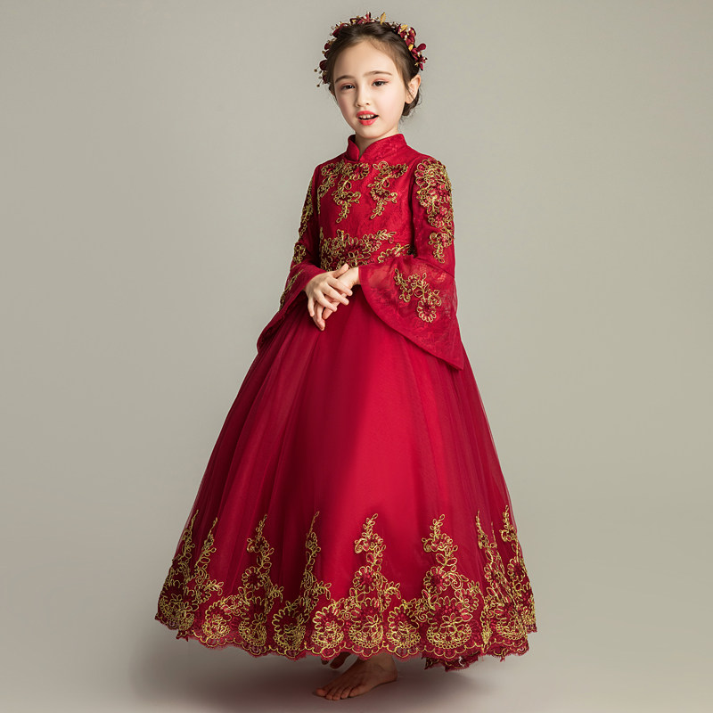 儿童礼服公主裙女童晚宴礼裙小主持人中国风长裙长袖婚纱模特走秀