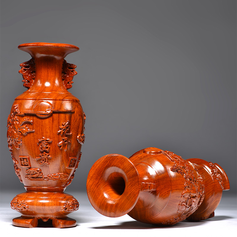 花梨木雕花开富贵花瓶摆件实木家居电视柜插花落地装饰工艺礼品摆