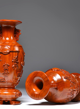 花梨木雕花开富贵花瓶摆件实木家居电视柜插花落地装饰工艺礼品摆