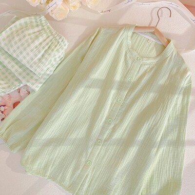 简约格子睡衣女款春秋双层棉纱布长袖套装圆领开衫纯棉绉布家居服