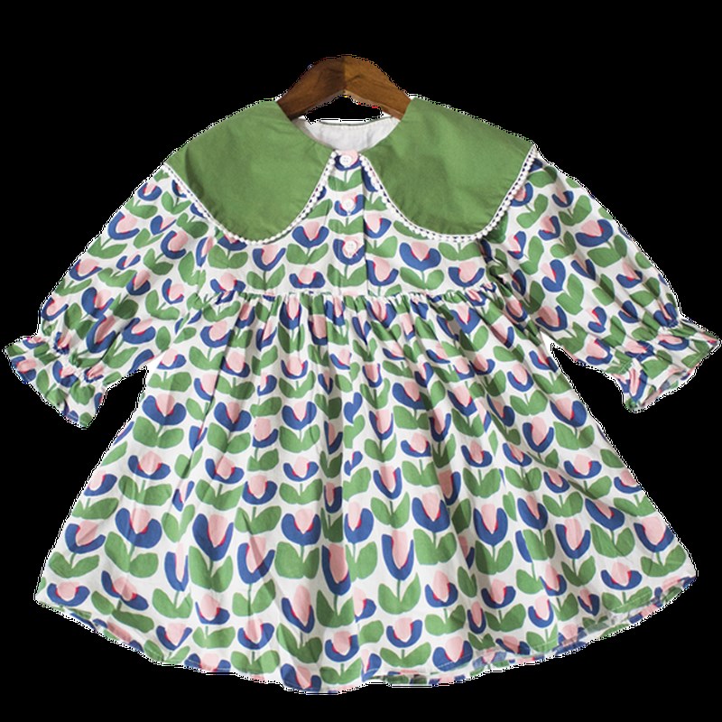 100-150码宽松版~小清新~春秋女童纯棉连衣裙碎花大翻领棉布裙