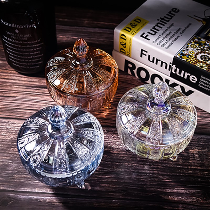 欧式透明玻璃三脚储物罐彩色糖缸首饰盒琥珀水蓝炫彩装饰罐子