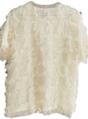 UI优爱2023新品春夏圆领短袖宽松网纱流苏仙女甜美菲边蕾丝衫上衣