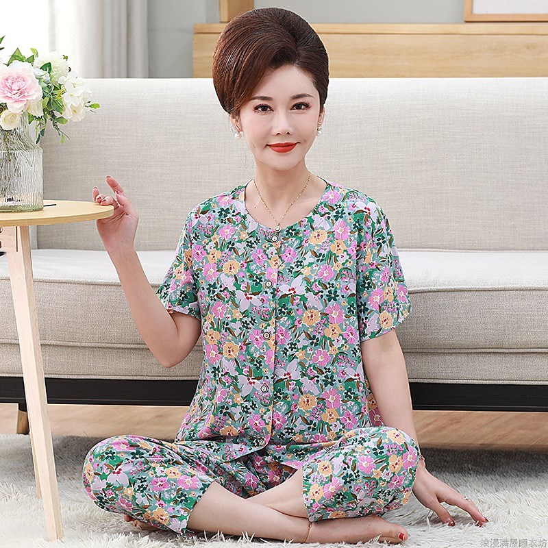 中老年绵绸睡衣女夏纯棉棉绸短袖妈妈居家开衫休闲外穿家居服套装