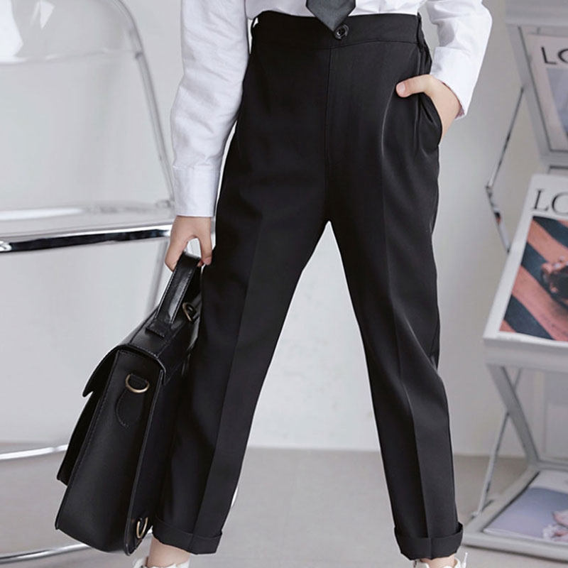 女童裤子黑色西装裤儿童男孩休闲长裤白衬衫套装学生班服中大童正