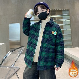 男童衬衫外套加绒加厚2024新款男孩秋冬装格子中大儿童法兰绒上衣