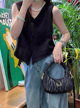 法式高级感洋气气质薄款显瘦百搭无袖V领黑色针织开衫背心上衣女