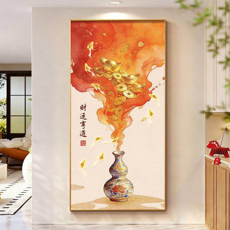 新中式葫芦玄关挂画红色九鱼聚财走廊过道装饰画竖版福禄寓意壁画