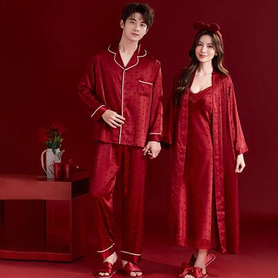 2026新款春夏冰丝带胸垫一男一女新人红色结婚睡衣新婚情侣套装