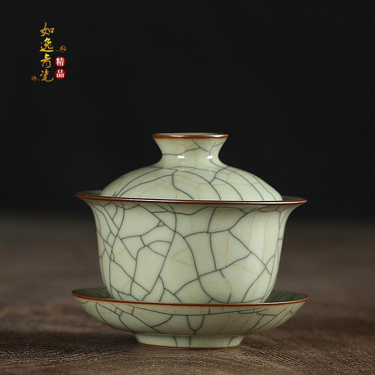 龙泉传世哥窑青瓷王文手工盖碗敬茶碗茶具泡茶碗陶瓷冰裂三才盖碗