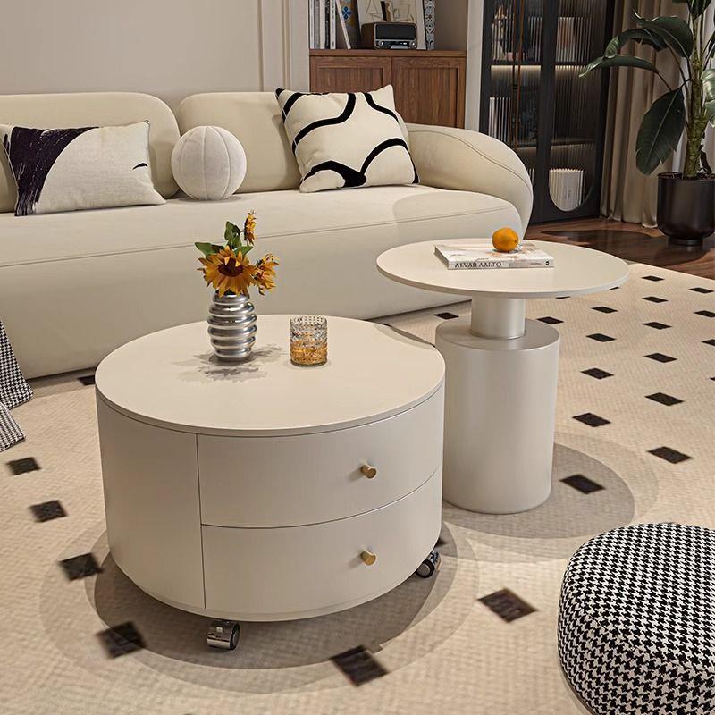 奶油风圆岩形板茶几轻奢客厅家现代简约户型可移动TGL用带小轮小