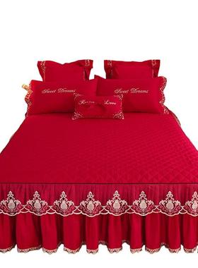 婚庆大红色F96JSH5M夹棉裙式床床罩件公主风丝刺绣花边加厚保护单