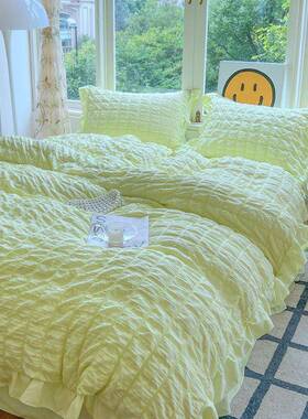 韩版公主风床水棉泡泡纱K45bAK2d皱裙褶纯色床上宿舍床单三四洗件