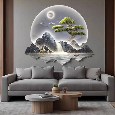迎客松壁山水灯光画靠金山新中式玄关画背入户正光对门画迎客松山