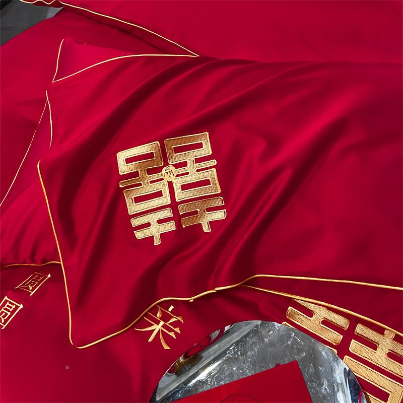 婚中式刺澳棉绣磨毛庆四件套大红色床单套被1256164套多件结婚床