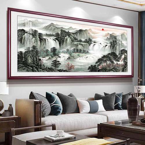 山水中沙堂招国画靠图客厅发背景装饰财办POQ公室山字挂画风景墙