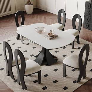 复古风折伸缩岩板餐轻桌奢小户型方两用餐桌实木可叠岩圆板A34餐