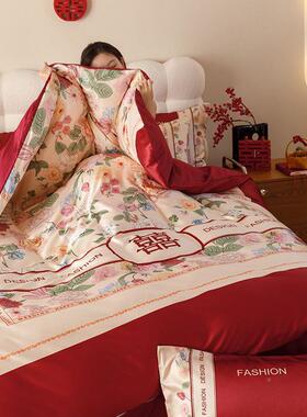 园风结婚田庆红色花卉喜感件套被套床单四新婚喜PJZcCiDp庆床上用