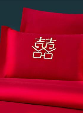 高档结婚房喜庆大红色刺绣纯棉单件单三件床套JMW双人花加全棉大