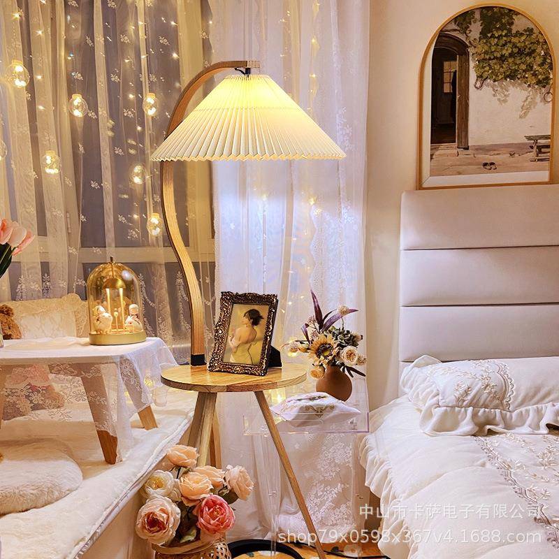 日头式复古实木落地灯百褶卧室物体立式976台灯客置厅茶一几床桌