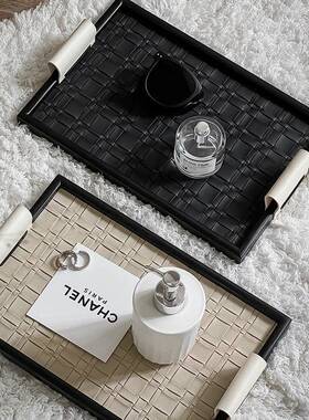 轻奢首饰玄收品纳盘子JAM中古高档法黑色皮革关香薰托盘式饰摆件