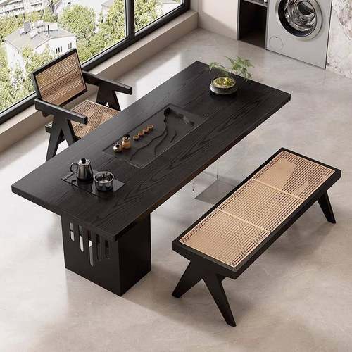 小户型实木茶桌阳台书感桌办公室泡茶桌茶台茶一体LCU高级现代盘