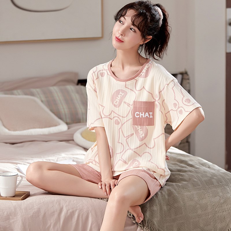 睡衣女夏季纯棉可爱薄款短袖两件套装大码学生春秋天家居服可外穿