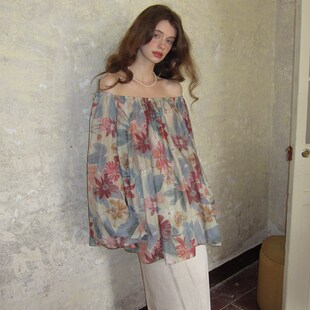 竹依依 莫奈油画 两穿一字露肩雪纺衫上衣女米色开叉半裙两件套装