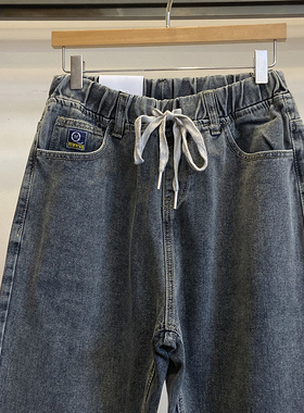 春秋新款休闲松紧腰宽松长裤男女港风老爹直筒烟灰色系绳牛仔裤子