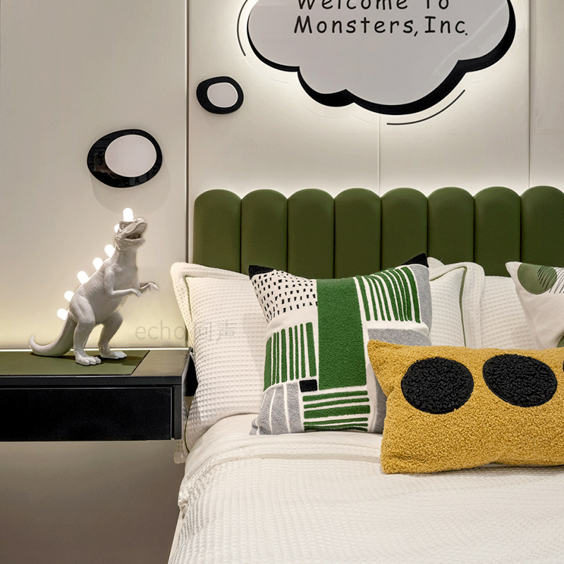 儿童男孩房样板间简约卡通绿色系恐龙主题床上用品抱枕床品多件套