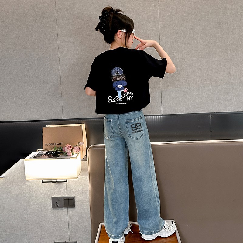 女童短袖t恤夏季套装2024新款儿童中学生大童夏装薄款牛仔阔腿裤