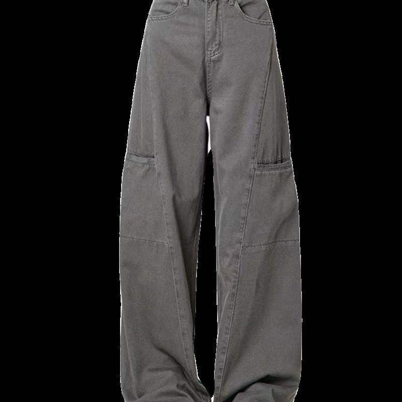 水泥灰美式阔腿多口袋工装裤女2024秋季新款复古高腰直筒牛仔裤子,女装/女士精品,卫裤,淘宝优惠券,粉丝福利购,淘宝优惠卷