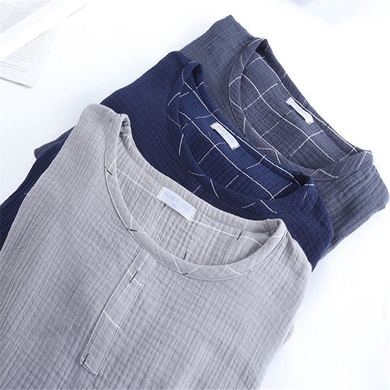 男款纯棉纱布套头圆领长袖长裤睡衣套装 绉布柔软家居服7-1