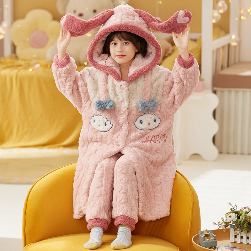 儿童睡衣秋冬季珊瑚绒加绒加厚居家服女童长版睡袍法兰绒亲子套装