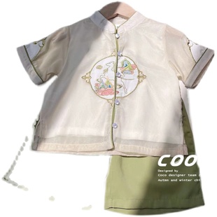 2023夏季新款男童短袖唐装汉服套装绣花中国风两件套新中式演出服
