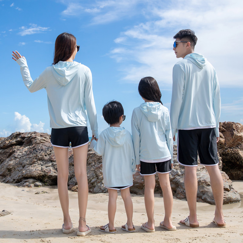 夏季亲子装一家三口针织防晒衣母子母女装连帽外套防晒空调服全家