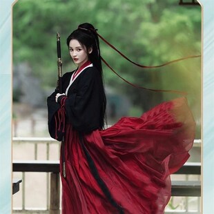 黑色魏晋风南北朝古装汉服男女武侠风广袖交领齐腰裙古装学生秋冬
