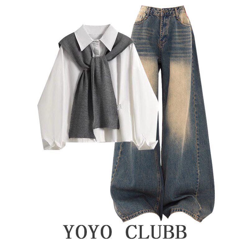 15少女春季衬衫披肩13岁一套衣服12初中学生14-17少女牛仔裤套装
