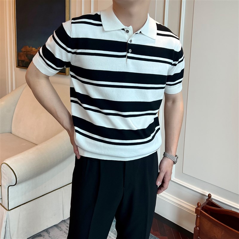 夏季休闲针织POLO衫男英伦复古修身黑白条纹翻领薄款透气短袖T恤