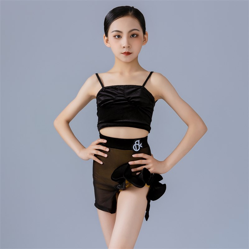 梵蒂恺少儿拉丁舞服女童2024新款夏季黑色吊带套装网红表演专业