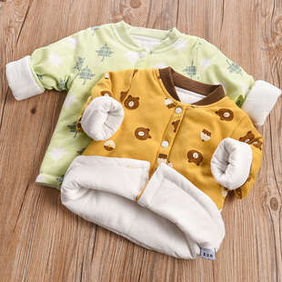 宝宝三层夹棉保暖开衫儿童加厚上衣男女童保暖秋衣外套秋冬1-3岁