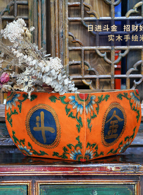 实木米斗手绘花摆件升子装饰花器中式仿复古做旧日进斗金招财好运