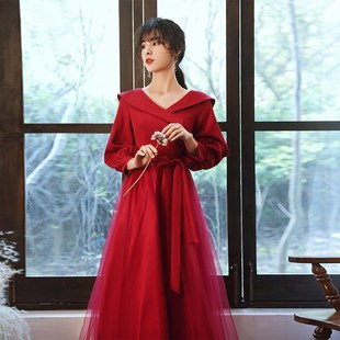 敬酒服新娘酒红色纱裙长款简约结婚订婚连衣裙回门晚礼服裙女