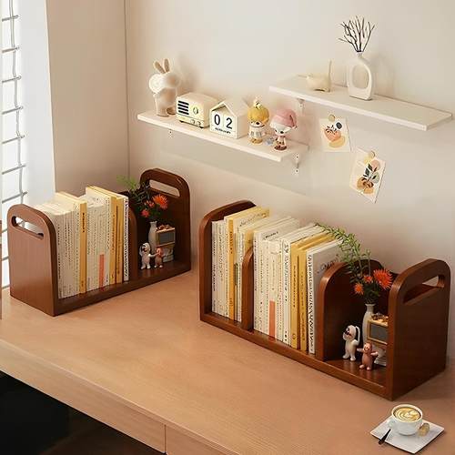 实木桌面书架置物架办公桌收纳架胡桃色宿舍储物架儿童桌上小书柜