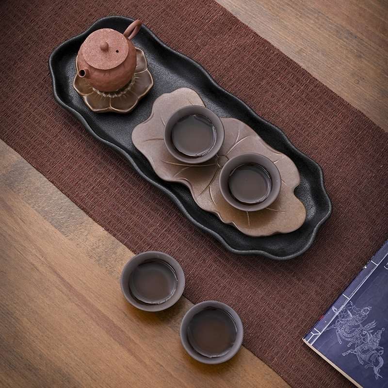 粗陶茶盘陶瓷干泡盘小茶台简约青花瓷排蓄两用茶托窑变复古茶具