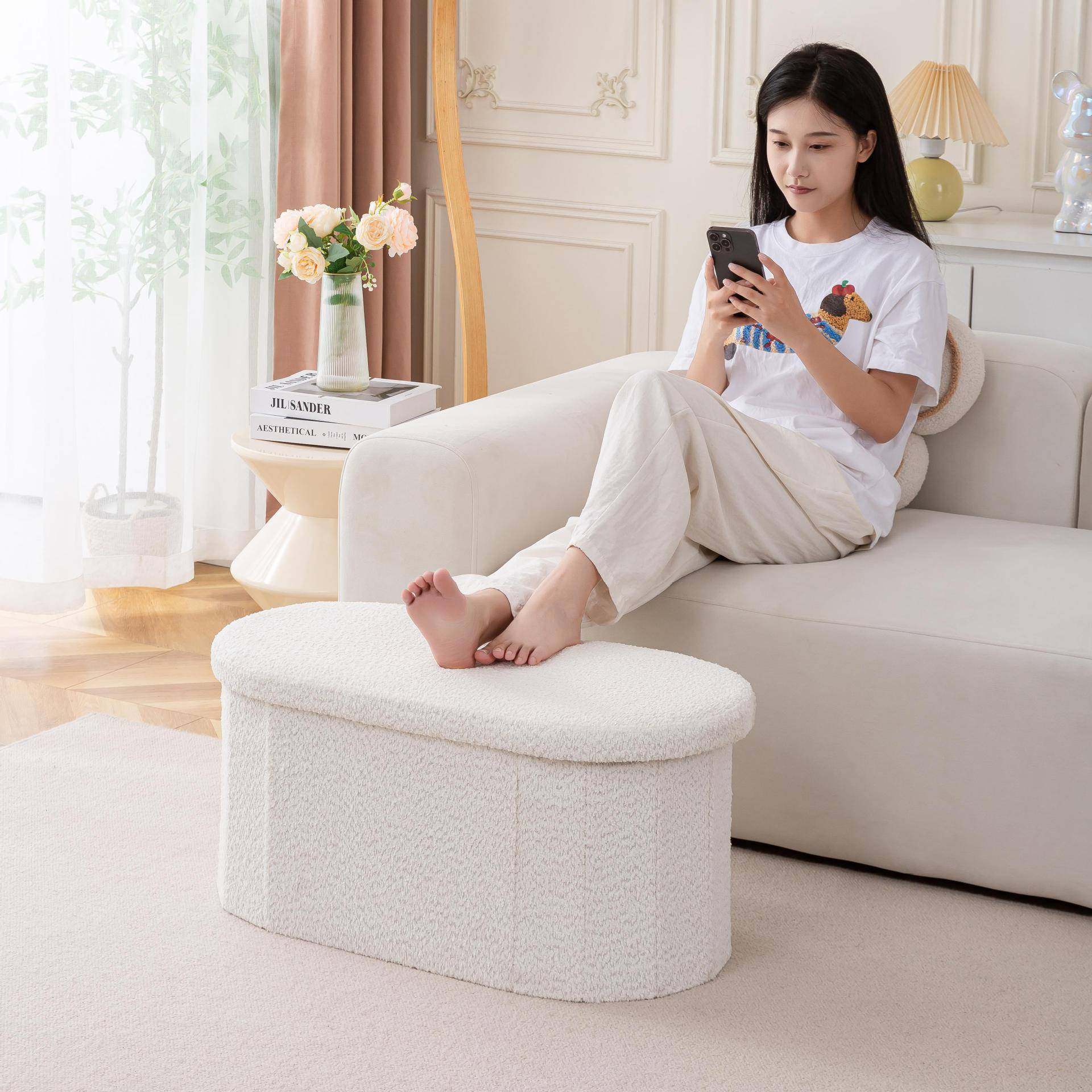 多105功椭圆形收纳凳客布厅储物凳可懒人沙发凳折叠能泰迪绒换鞋